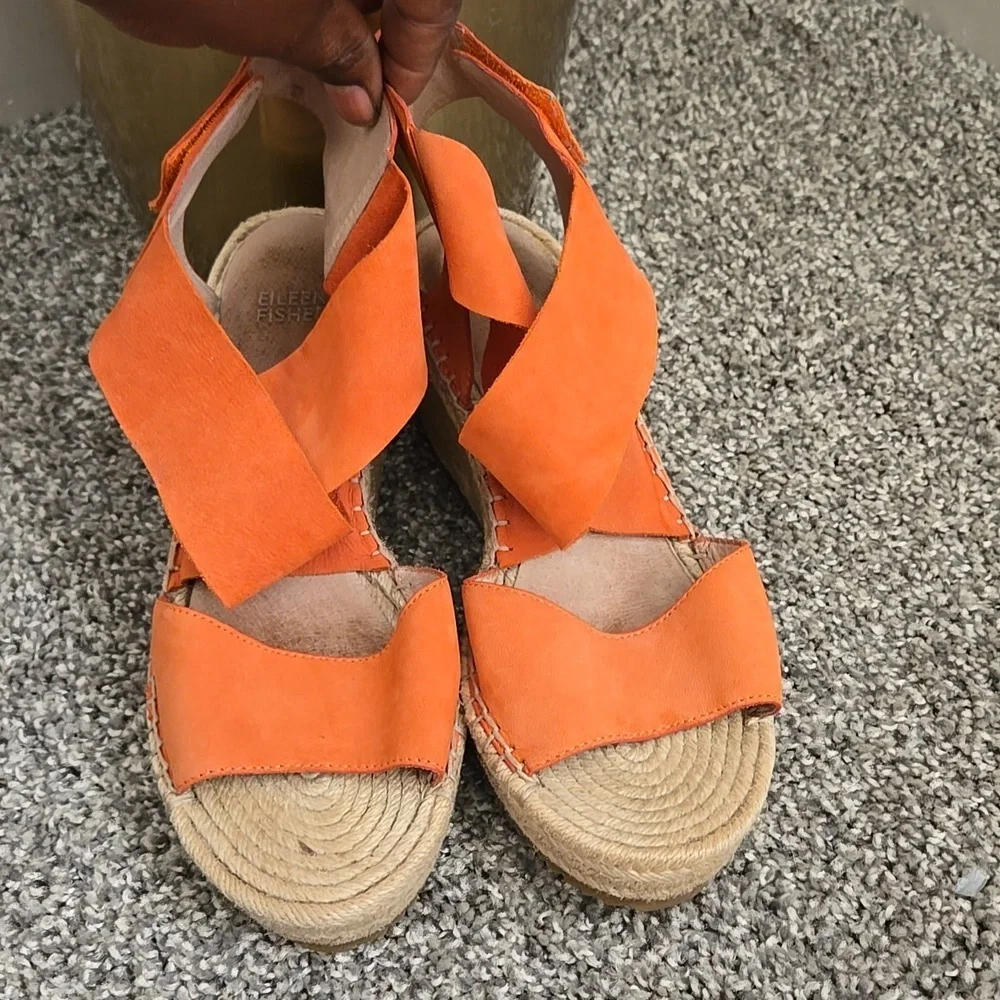 Eileen Fisher Orange Willow Tumbled Leather Wedge Espadrille Summer Shoes